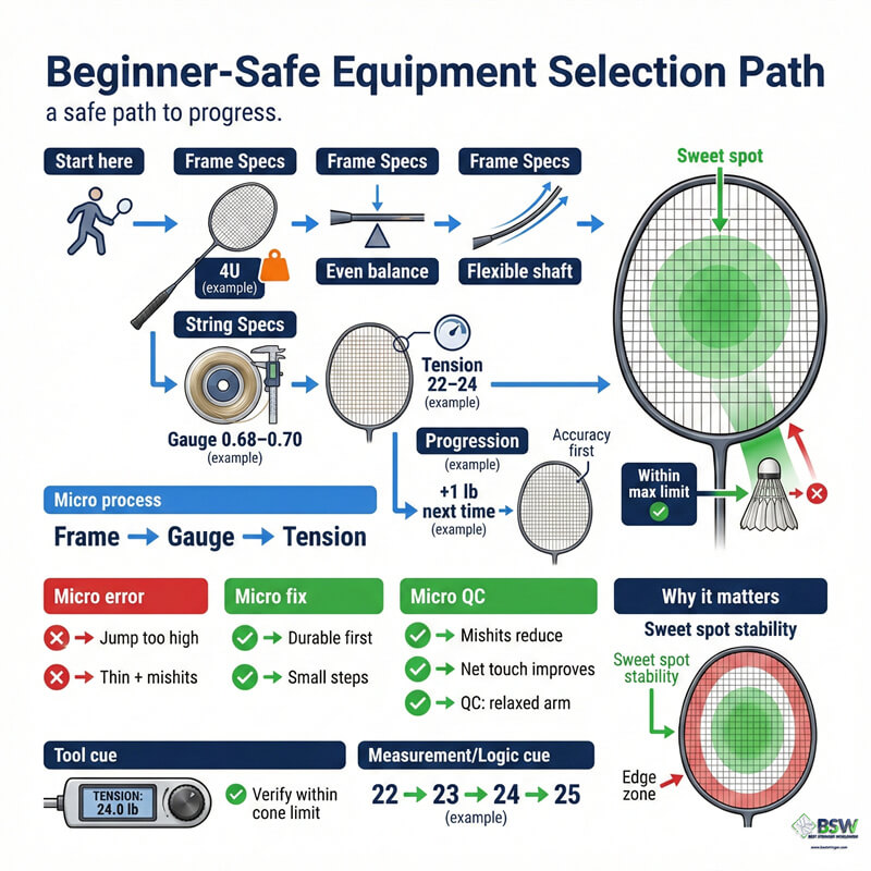Using the selection framework to find the right equipment. Player choosing a beginner-safe equipment setup