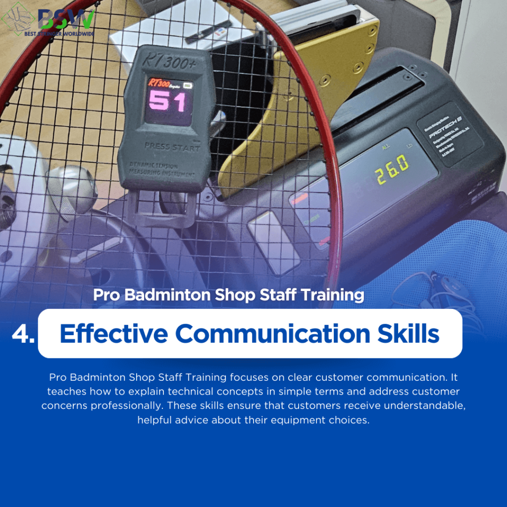 Pro Badminton Shop Staff Training by Best Stringer Worldwide (BSW) Staff explaining racquet features to a customer using clear communication.