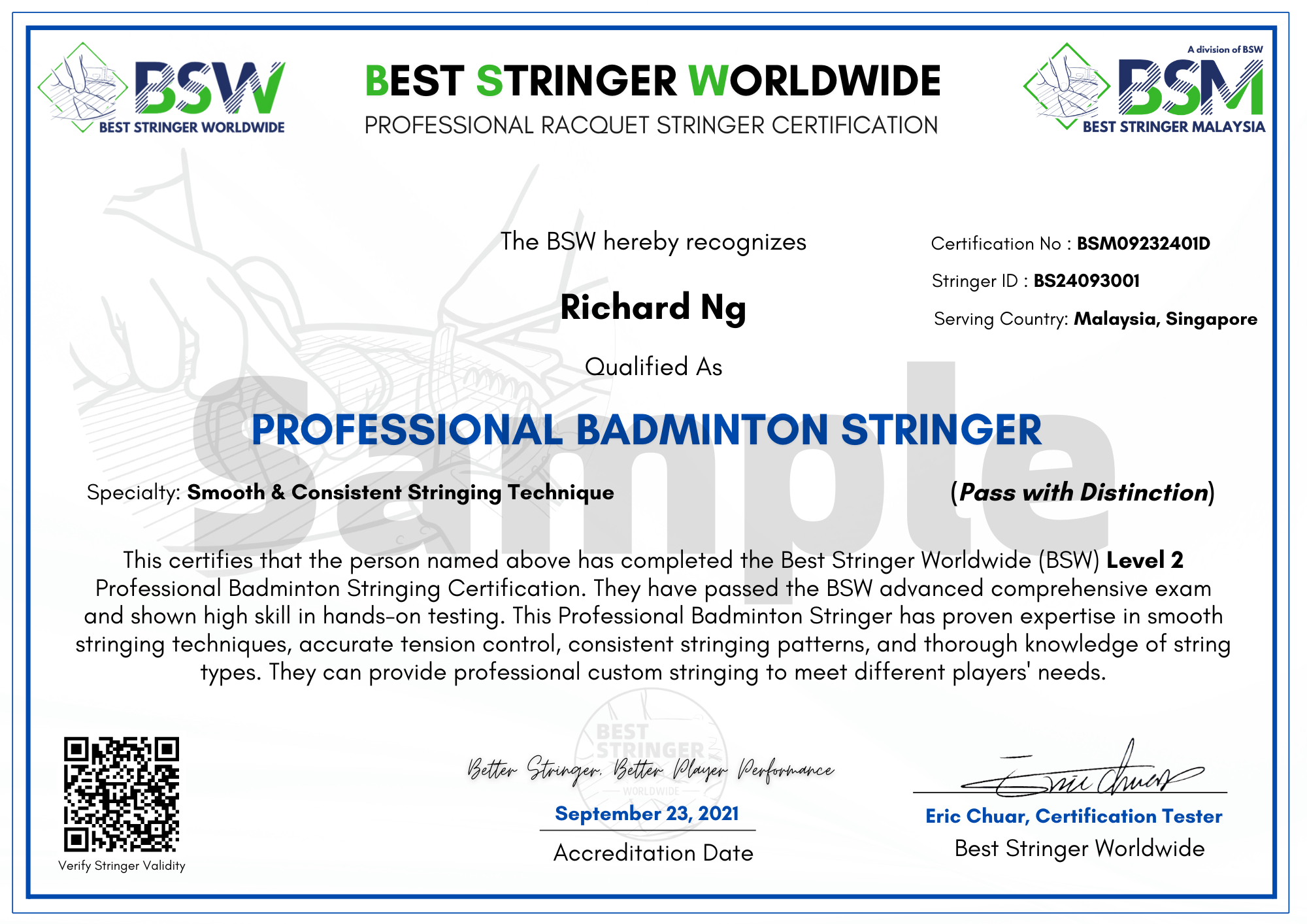 Professional Badminton Stringer Certificate by Best Stringer Worldwide