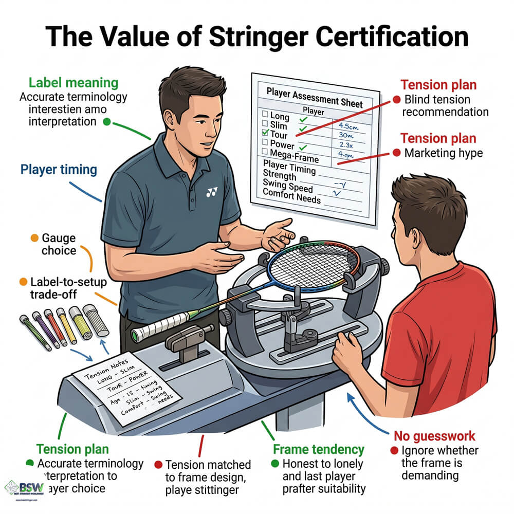 Professional badminton stringer consulting a player using accurate badminton racquet terminology