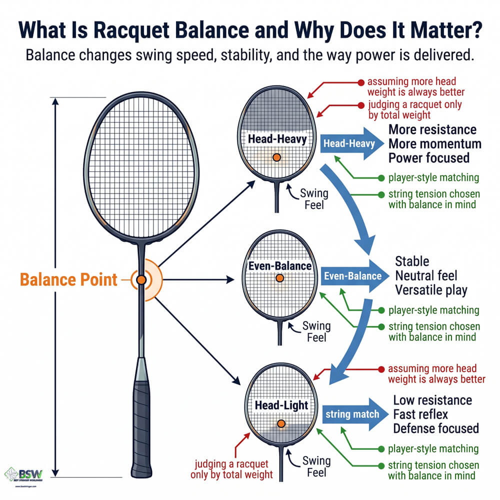 Professional badminton stringer explaining racquet balance and balance point measurement to a player