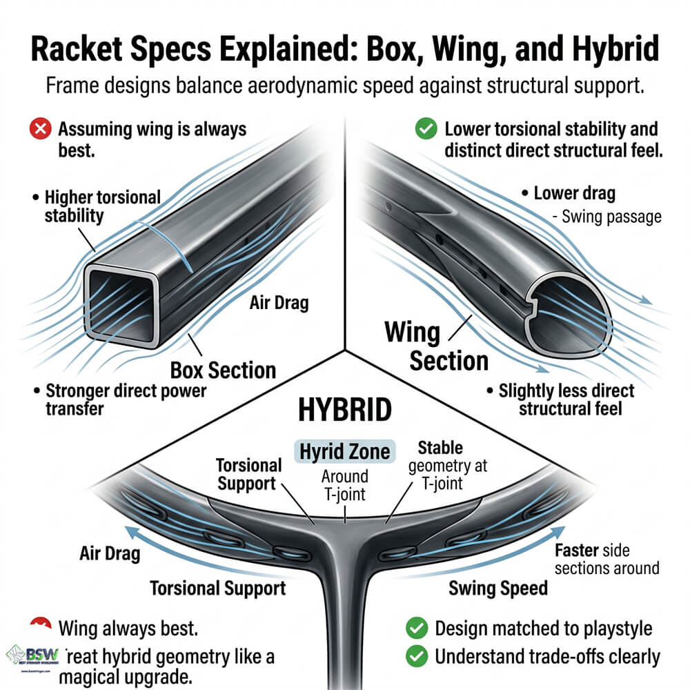 Professional badminton stringer explaining the evolution of racquet frame shapes and materials