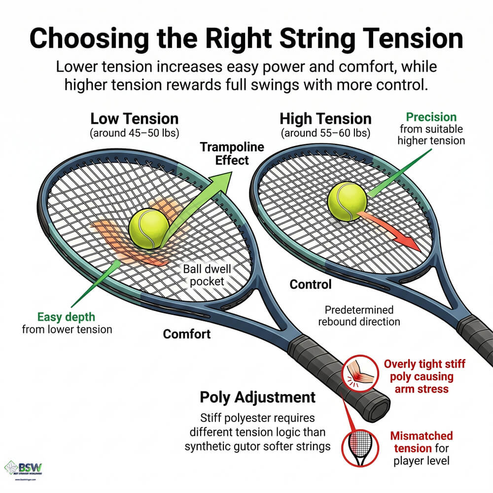 Professional racquet stringer setting tension on a machine