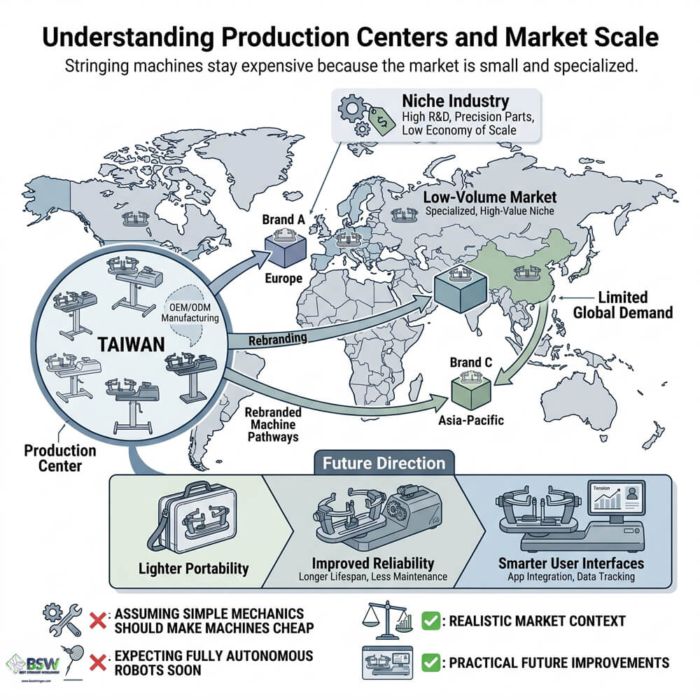 Professional racquet stringing and machine manufacturing history
