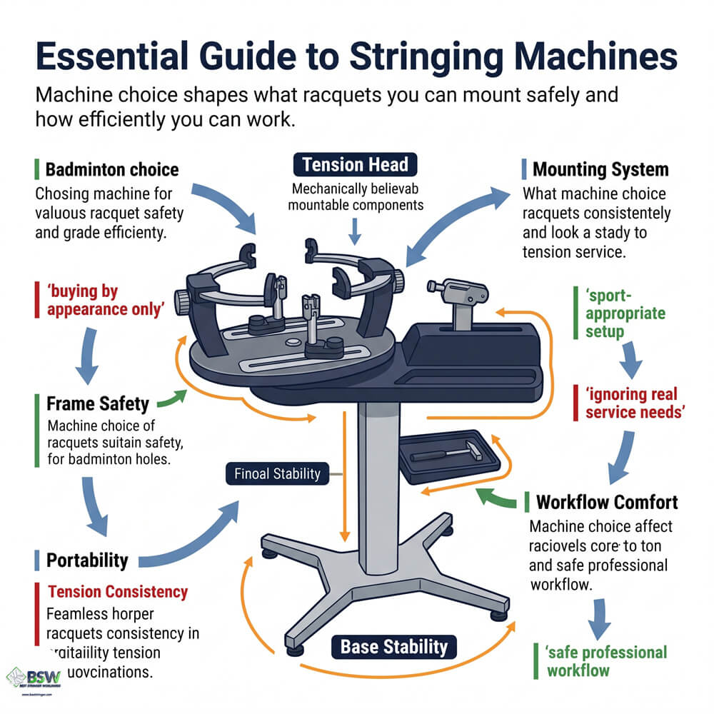 Professional racquet stringing machines and workshop setups