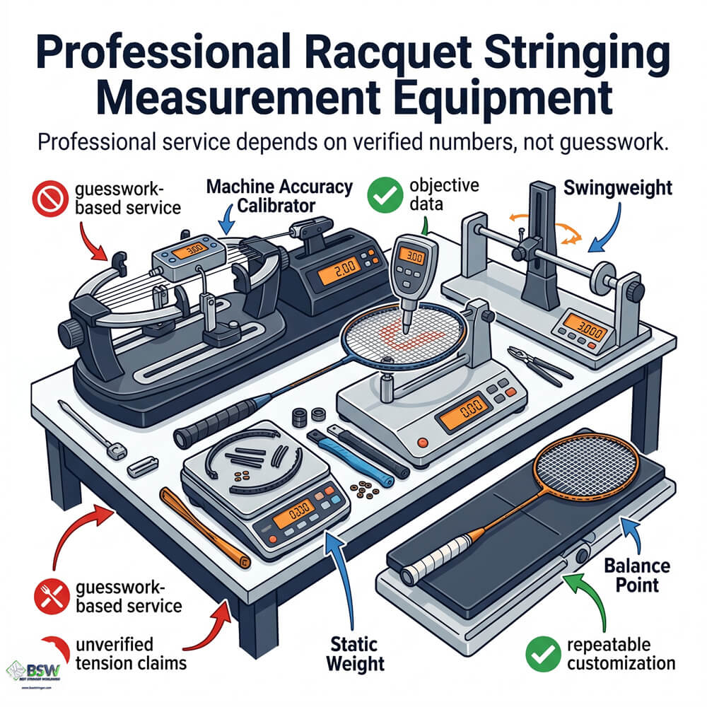 Professional racquet stringing measurement equipment and tools