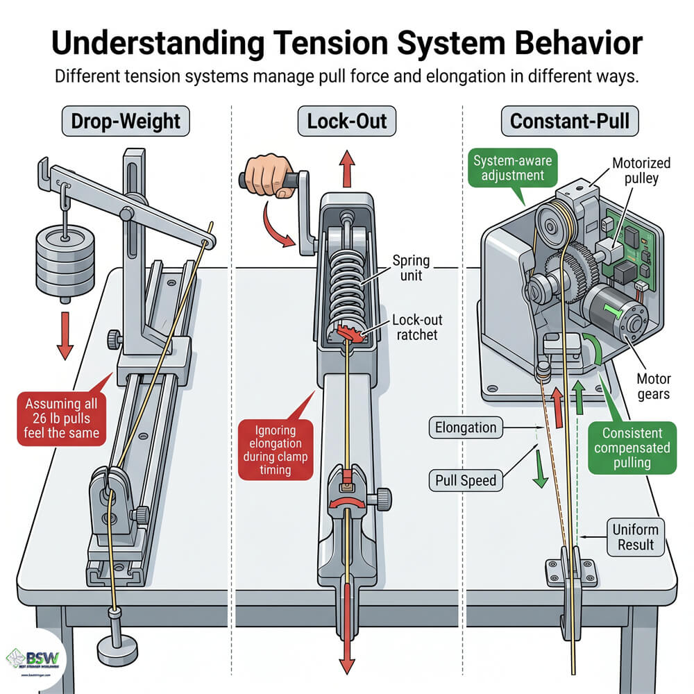 Professional stringer discussing the difference between lock-out vs constant-pull systems