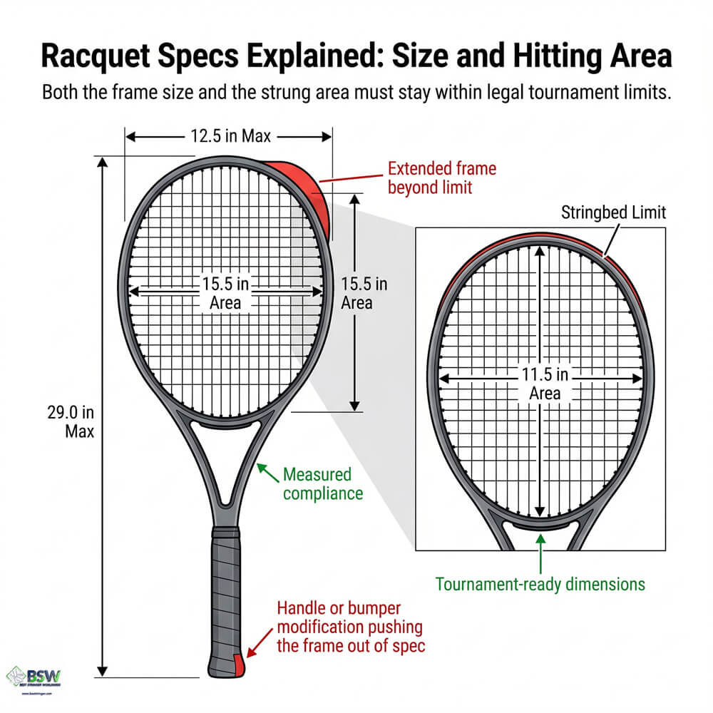 Professional stringer explaining legal tennis racquet dimensions and hitting area limits