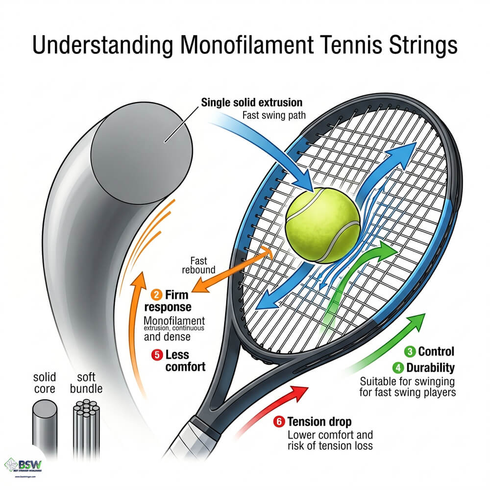 Professional stringer explaining monofilament tennis string structures for control and durability