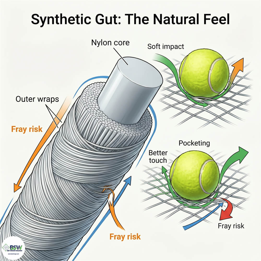 Professional stringer explaining synthetic gut tennis strings and comfort levels