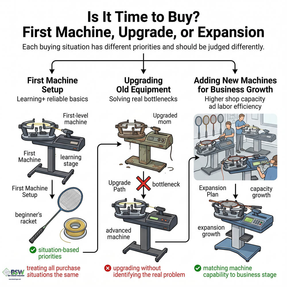 Professional stringer explaining when it is time to buy a new stringing machine
