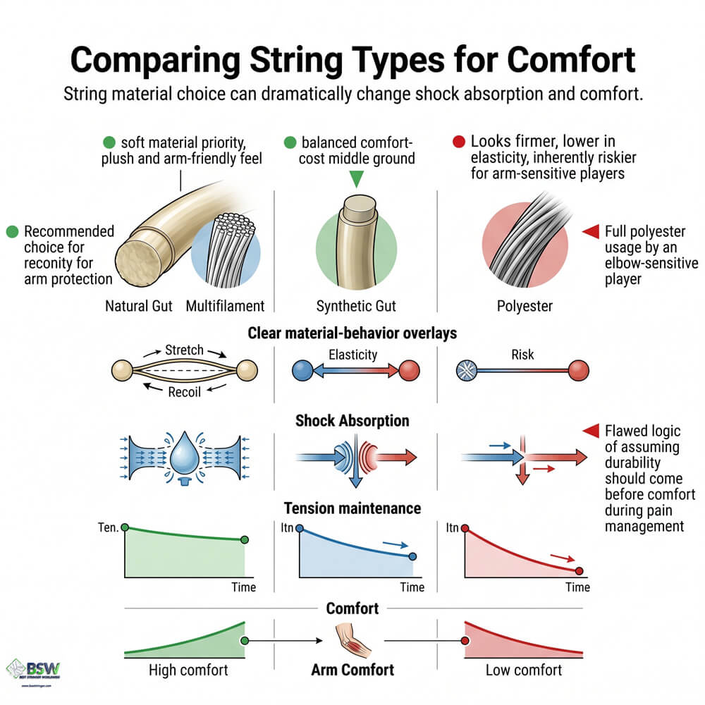 Professional stringer learning tennis elbow setup factors to advise comfort-sensitive players