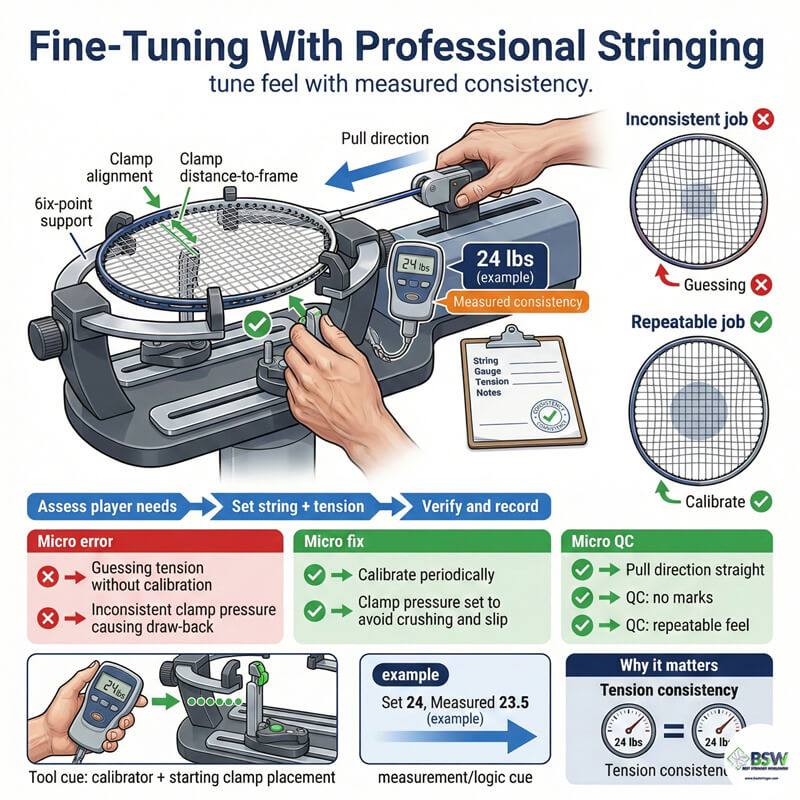 Professional stringing consultation philosophy. Professional stringer providing equipment consultation