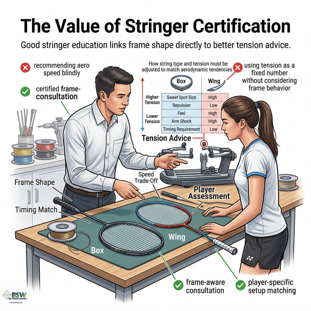 Professional stringer studying badminton racquet frame shapes for certification