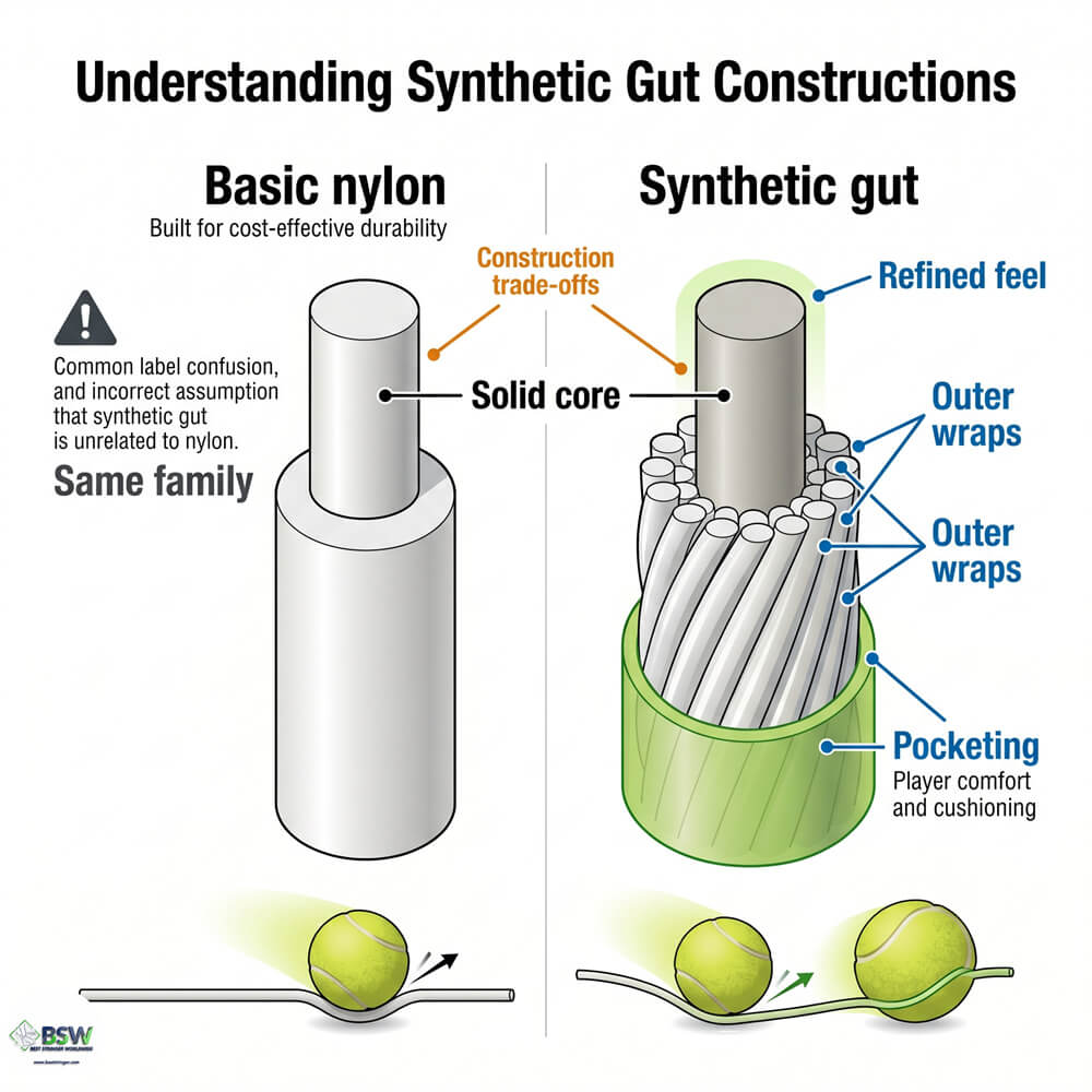 Racquet stringer examining the durability and construction of a synthetic gut string