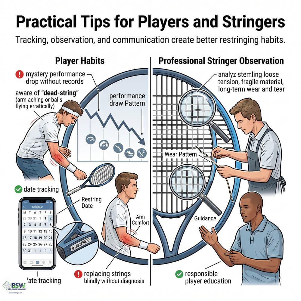 Racquet stringer inspecting worn tennis strings