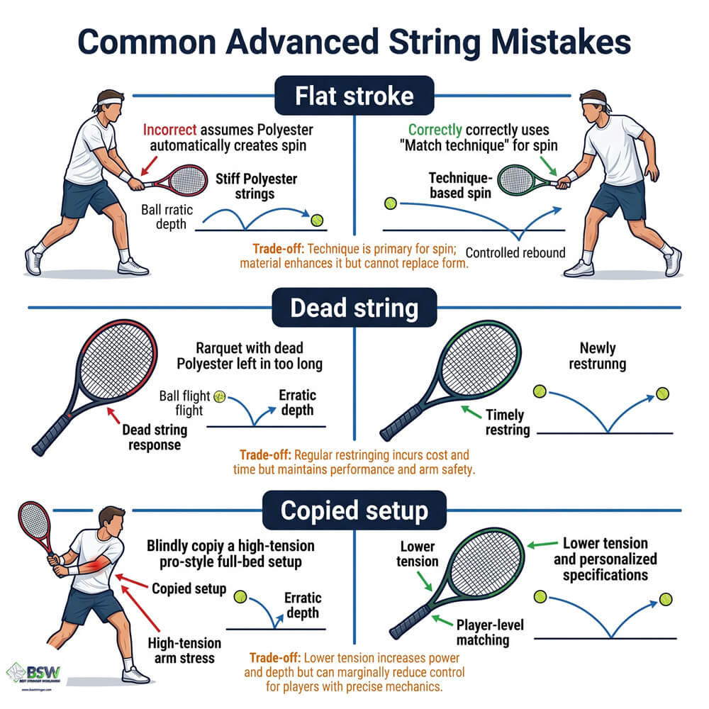Racquet stringer pointing out dead polyester strings that lost tension before breaking
