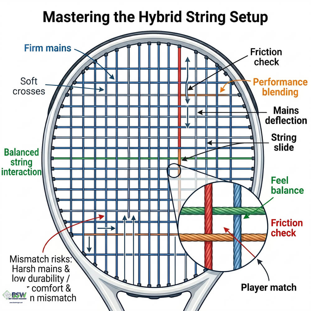 Racquet stringing course showing how to create a hybrid tennis string setup for optimal feel
