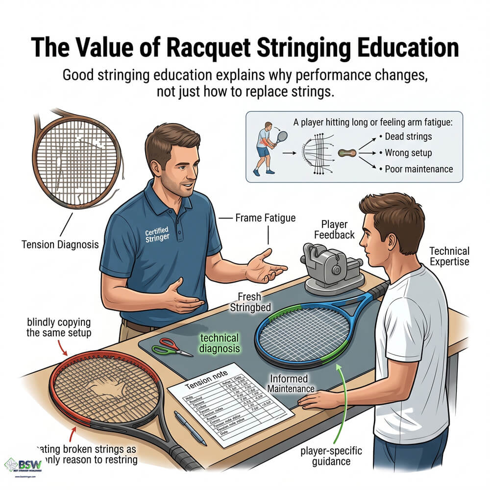 Racquet stringing education and certification session