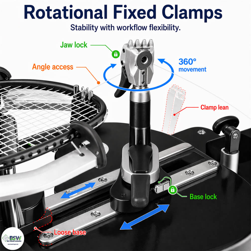Rotational fixed clamp on a stringing machine