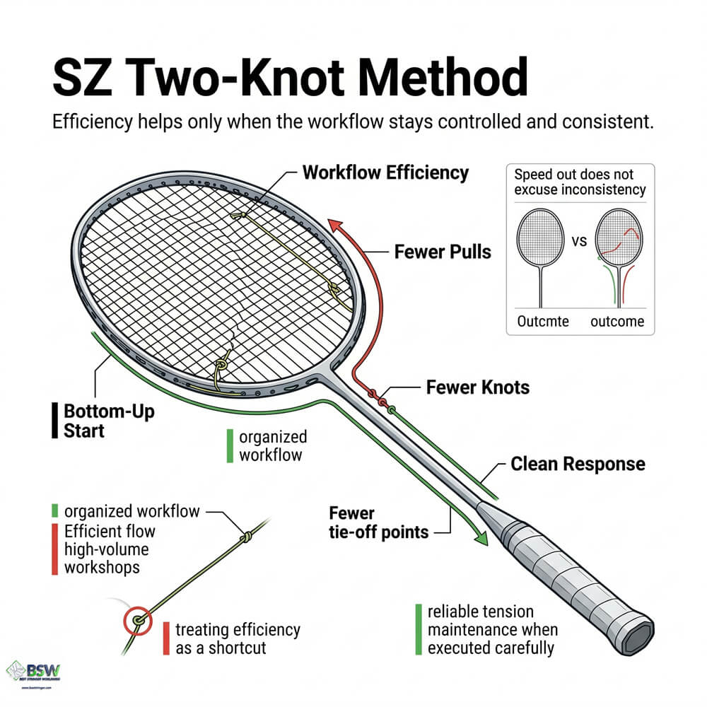 SZ two-knot badminton stringing method illustration in a workshop