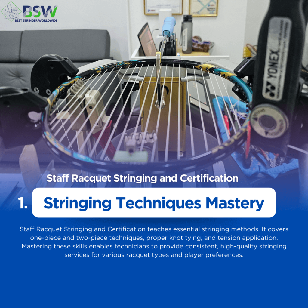 Staff Racquet Stringing and Certification by Best Stringer Worldwide (BSW) Demonstrating advanced stringing techniques on a badminton racquet.