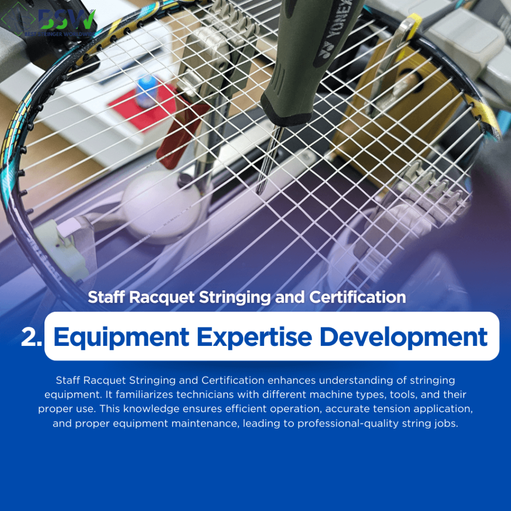 Staff Racquet Stringing and Certification by Best Stringer Worldwide (BSW) Technician operating a professional stringing machine with precision.