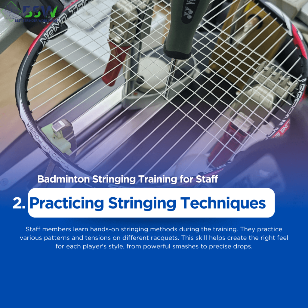 Staff members at Best Stringer Worldwide practicing various stringing techniques on different racquets during Badminton Stringing Training for Staff