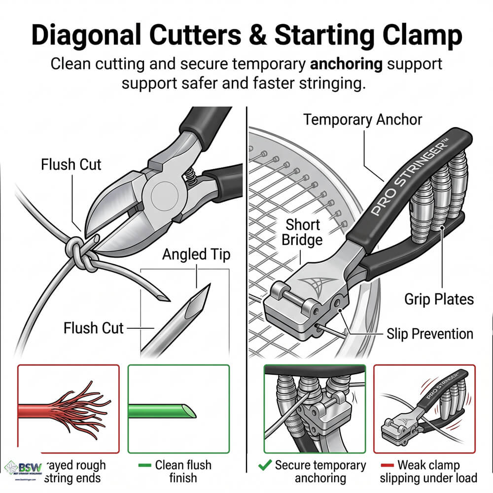 Starting clamp for racquet stringing