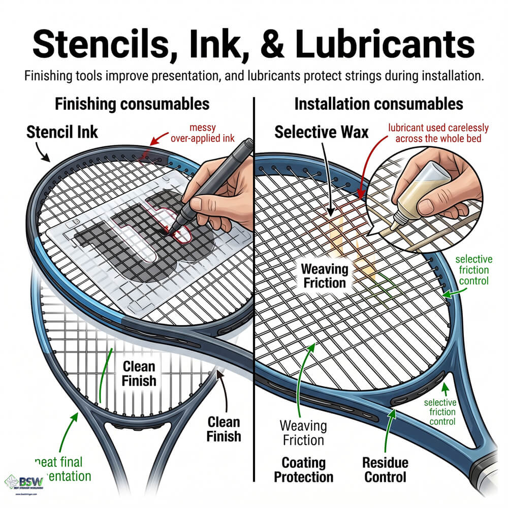 String lubricant selector for racquet stringing