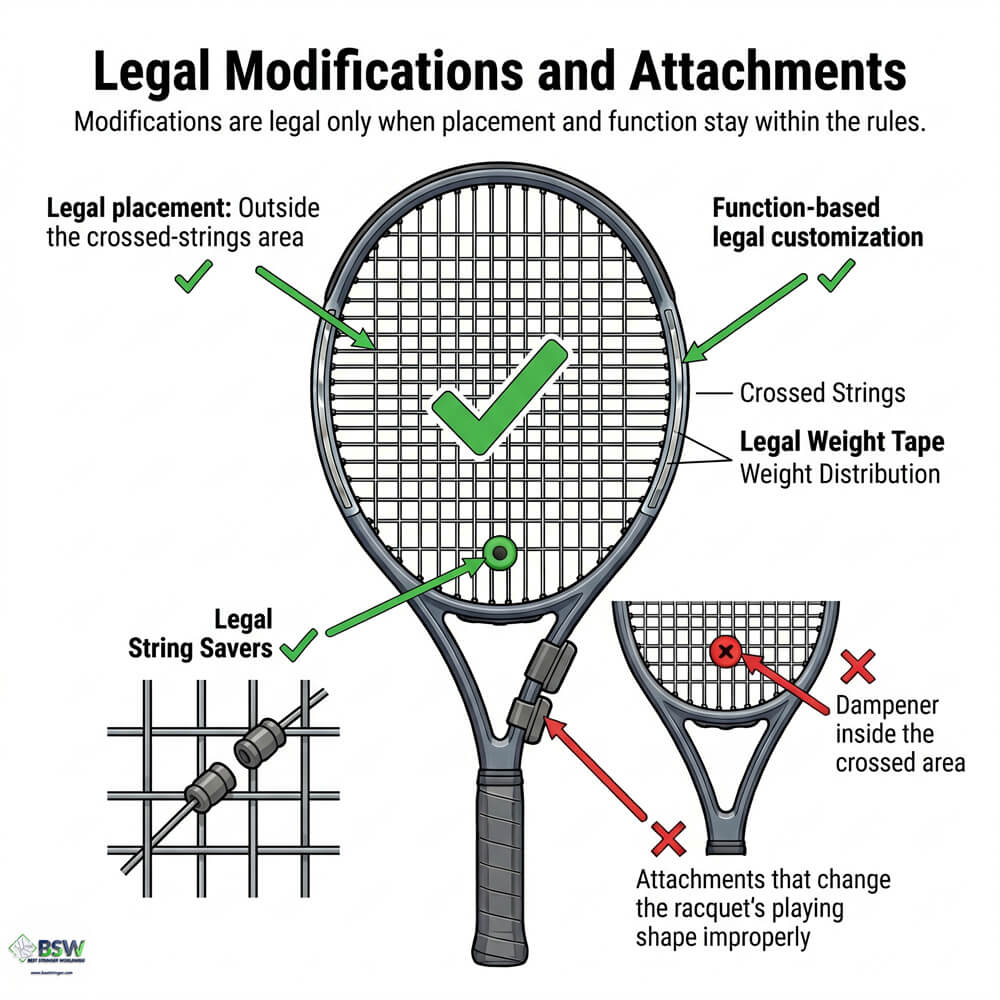 Stringer explaining legal placement of vibration dampeners on a tennis racquet
