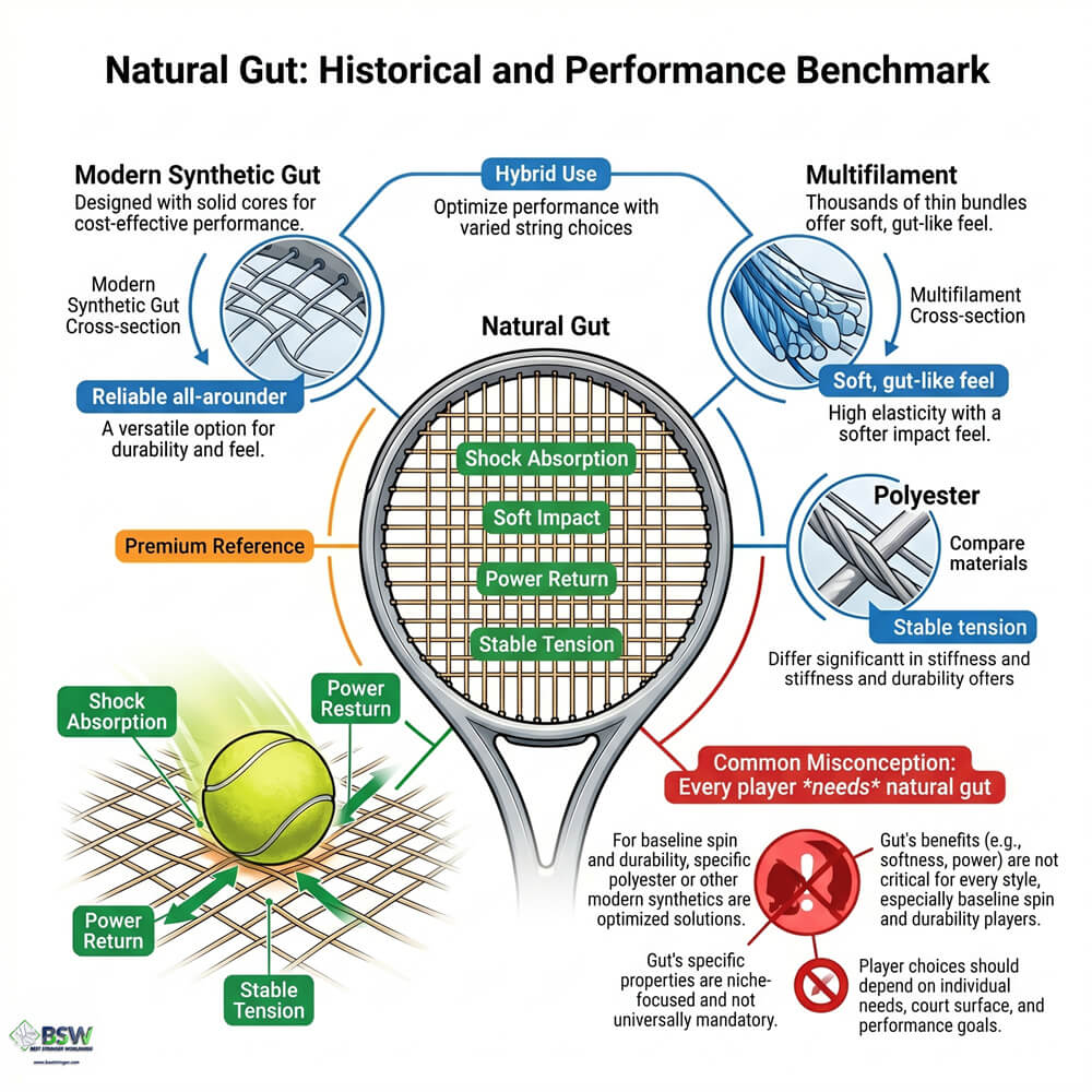 Stringing educator explaining the history and performance of natural gut tennis strings