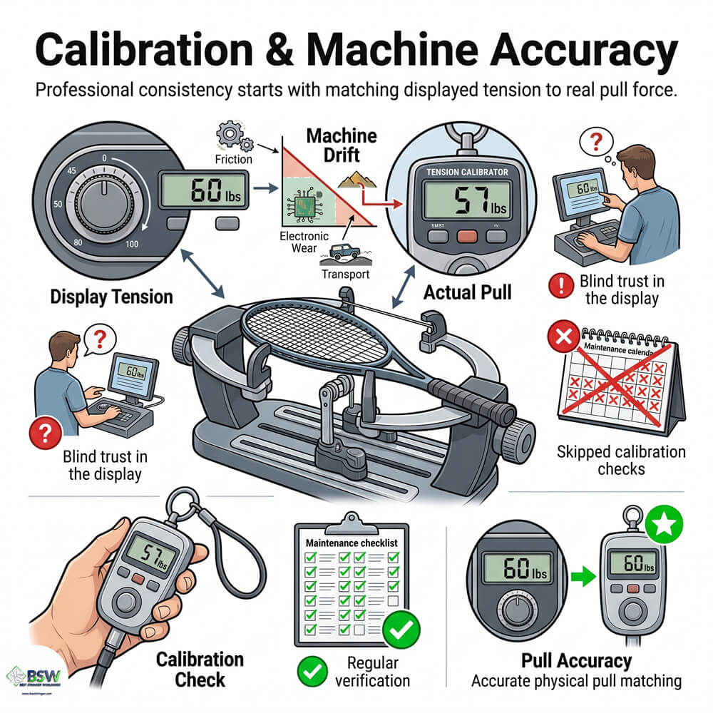 Stringing machine calibration verifying exact pull force accuracy
