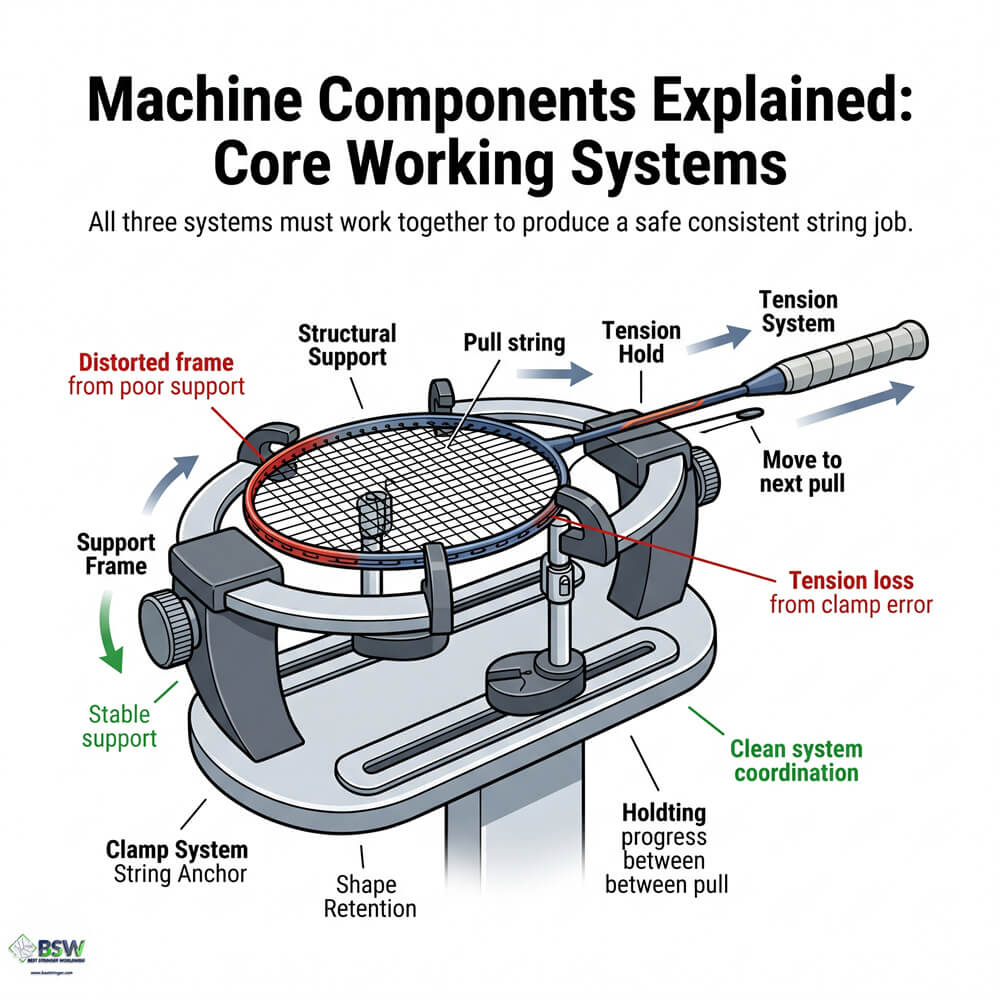 Stringing machine component overview explaining how the tension system affects pulling behavior