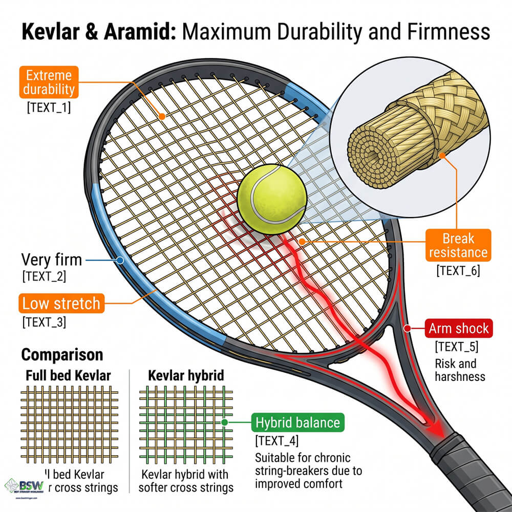 Tennis coach explaining the durability and stiffness characteristics of Kevlar and Aramid strings