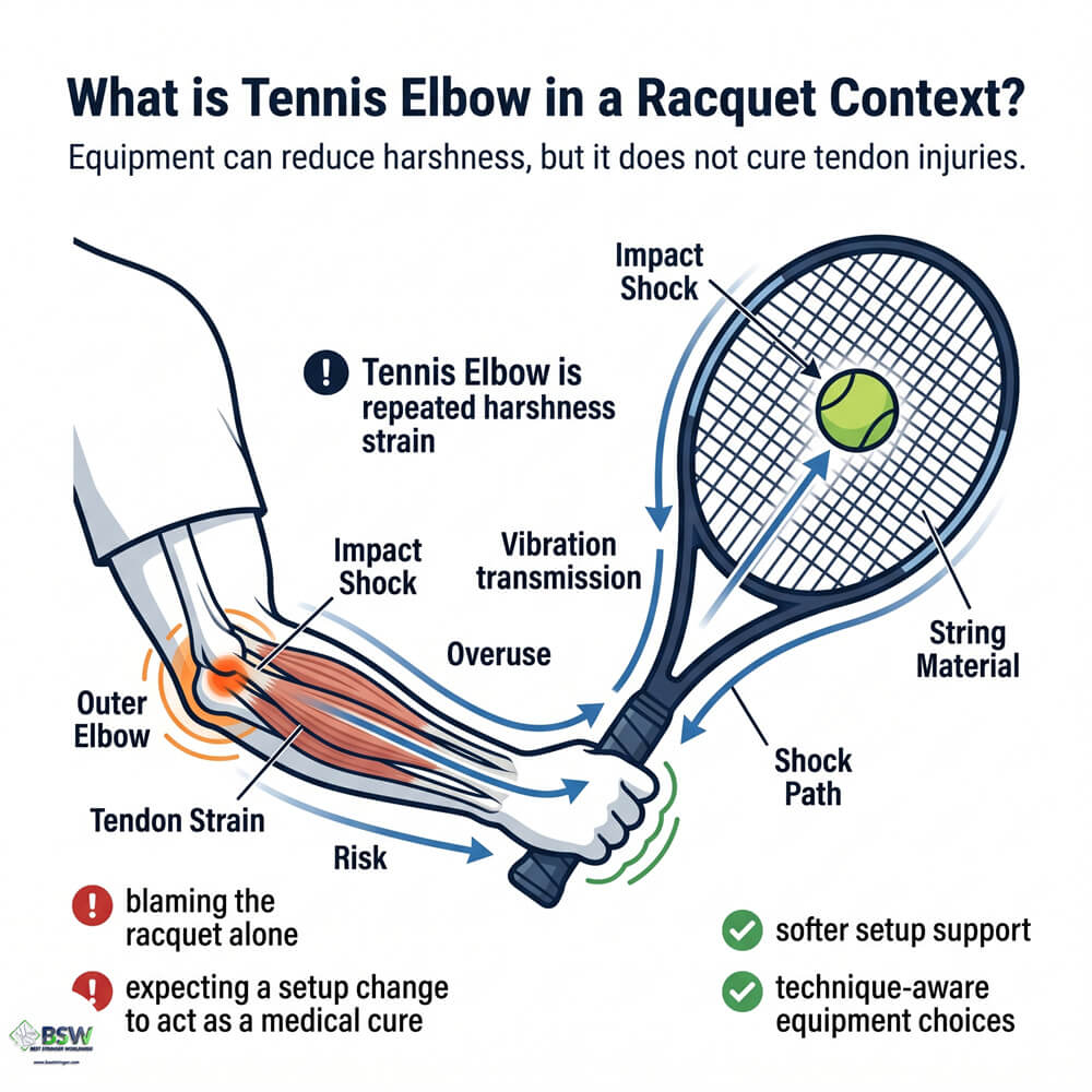 Tennis elbow causes prevention and stringing advice showing a close-up of a tennis racquet