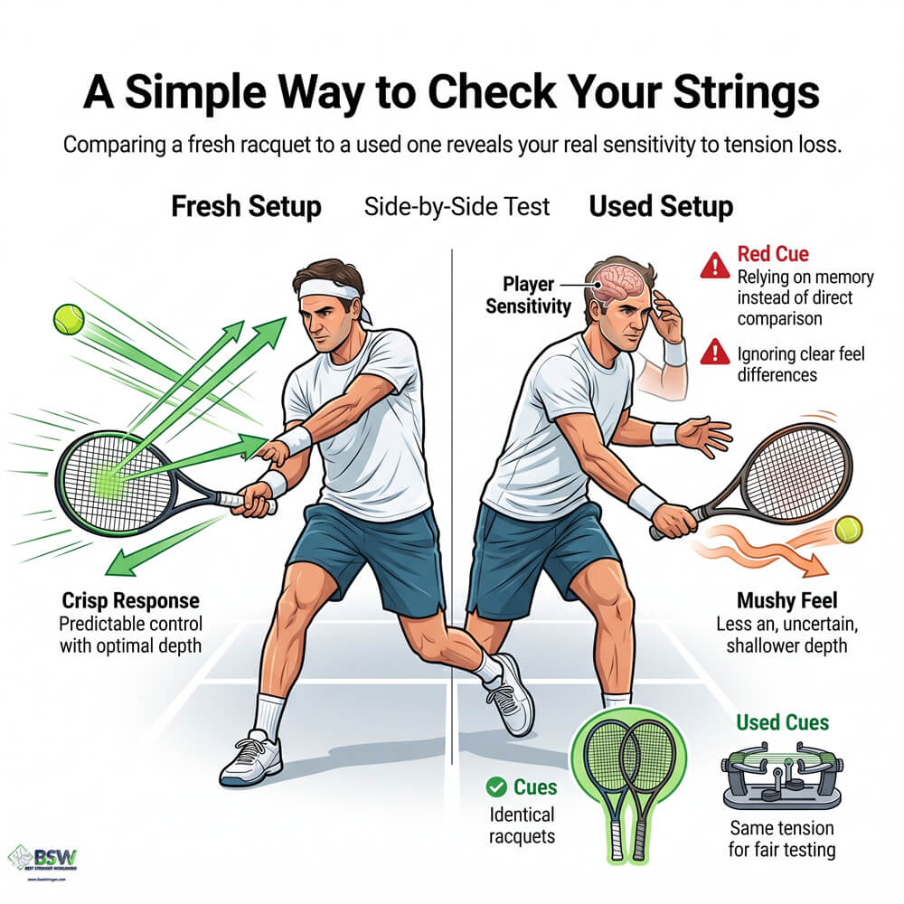 Tennis player checking racquet strings