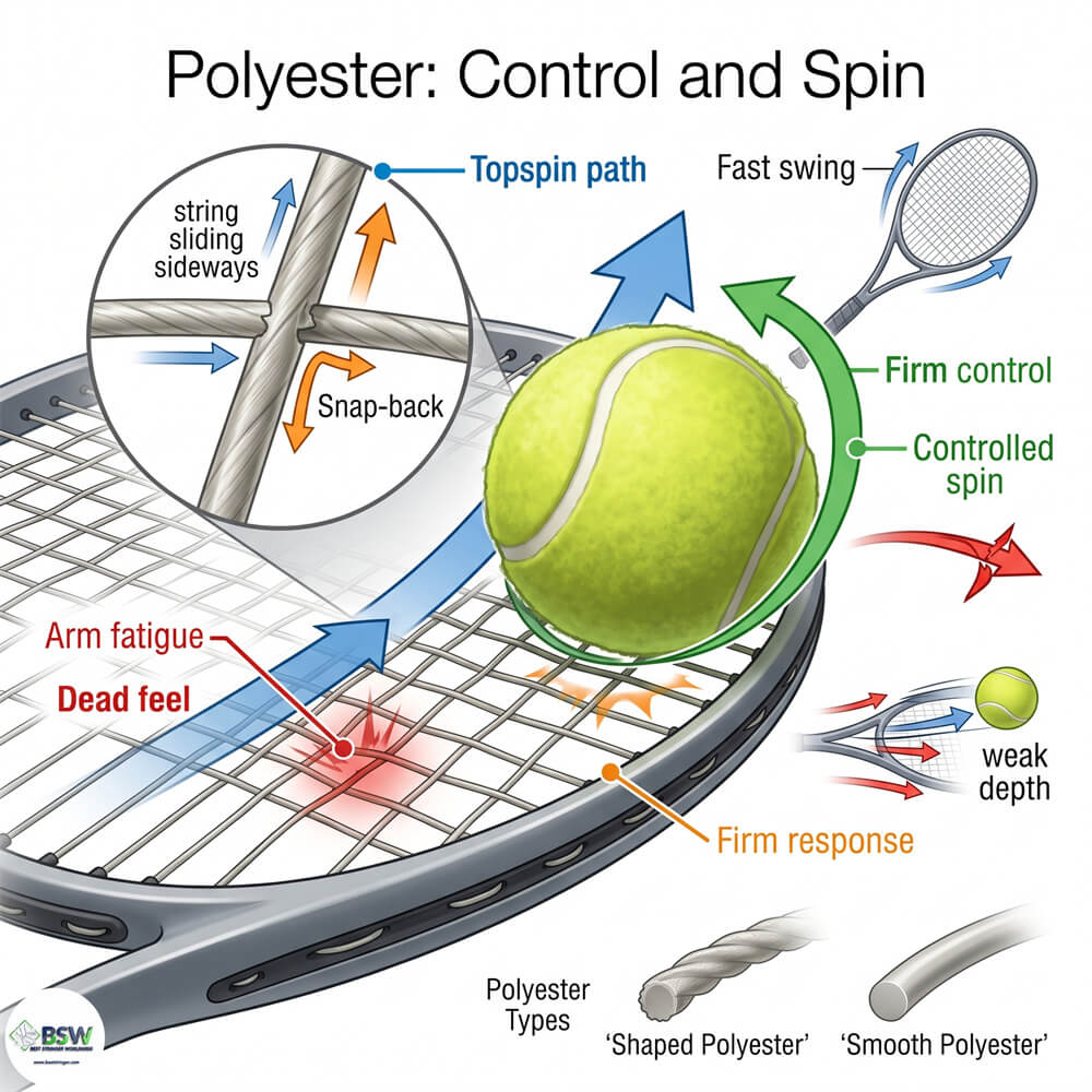 Tennis player comparing Polyester topspin string beds to Kevlar hybrid setups