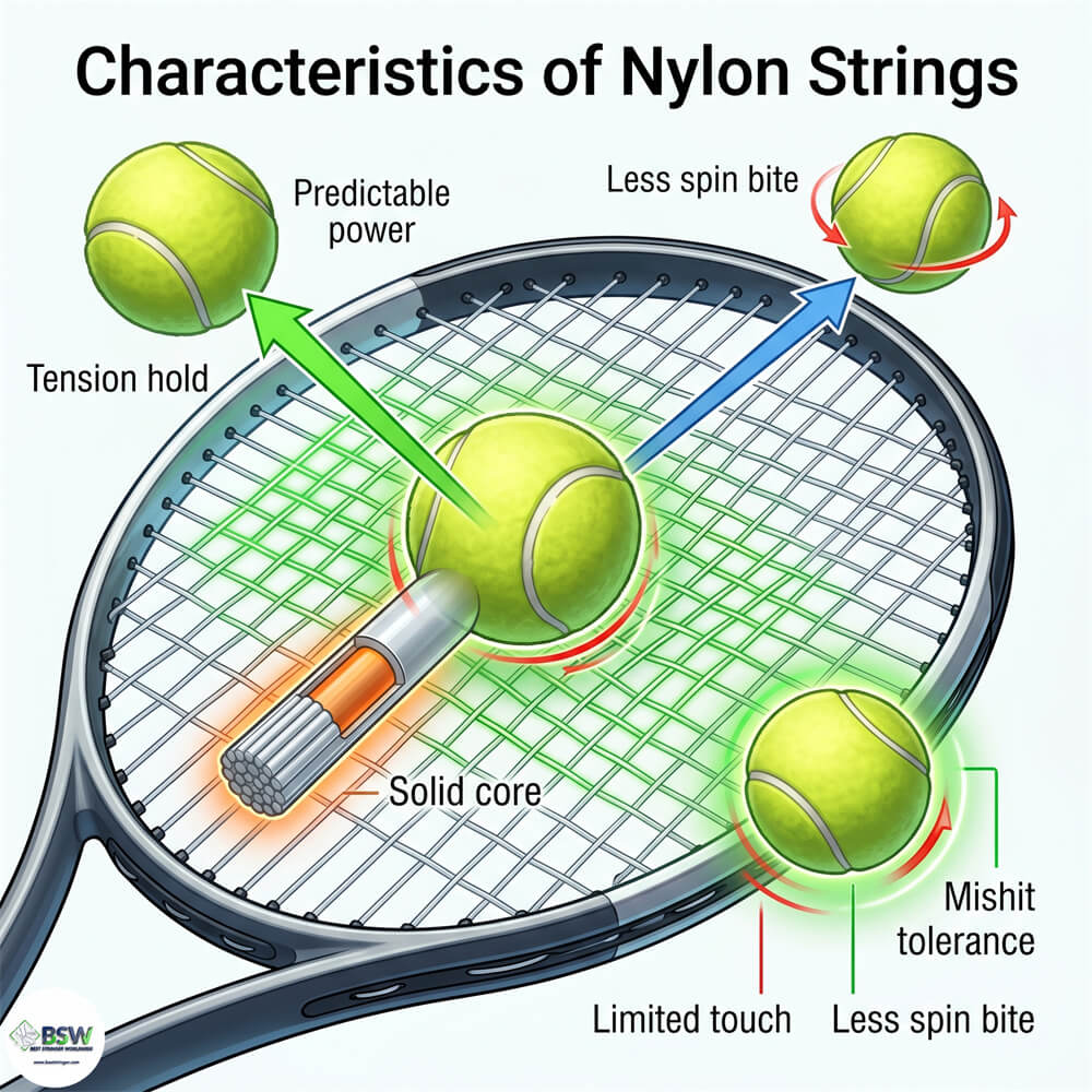 Tennis player comparing basic nylon strings with synthetic gut options for optimal comfort