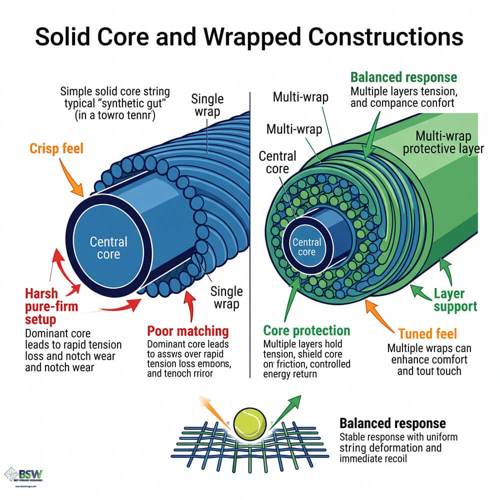 Tennis player comparing solid core wrapped strings versus bundled multifilament tennis strings