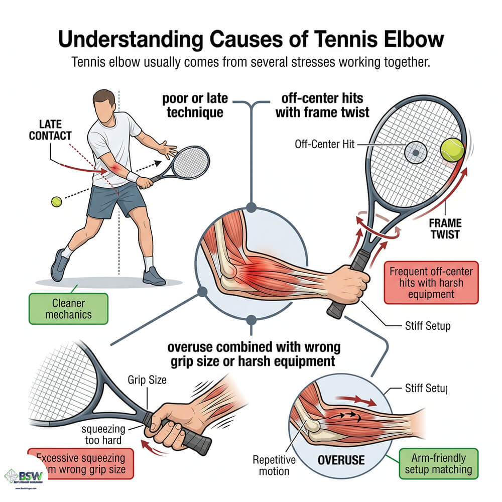 Tennis player comparing stiff vs flexible racquets to understand tennis elbow causes