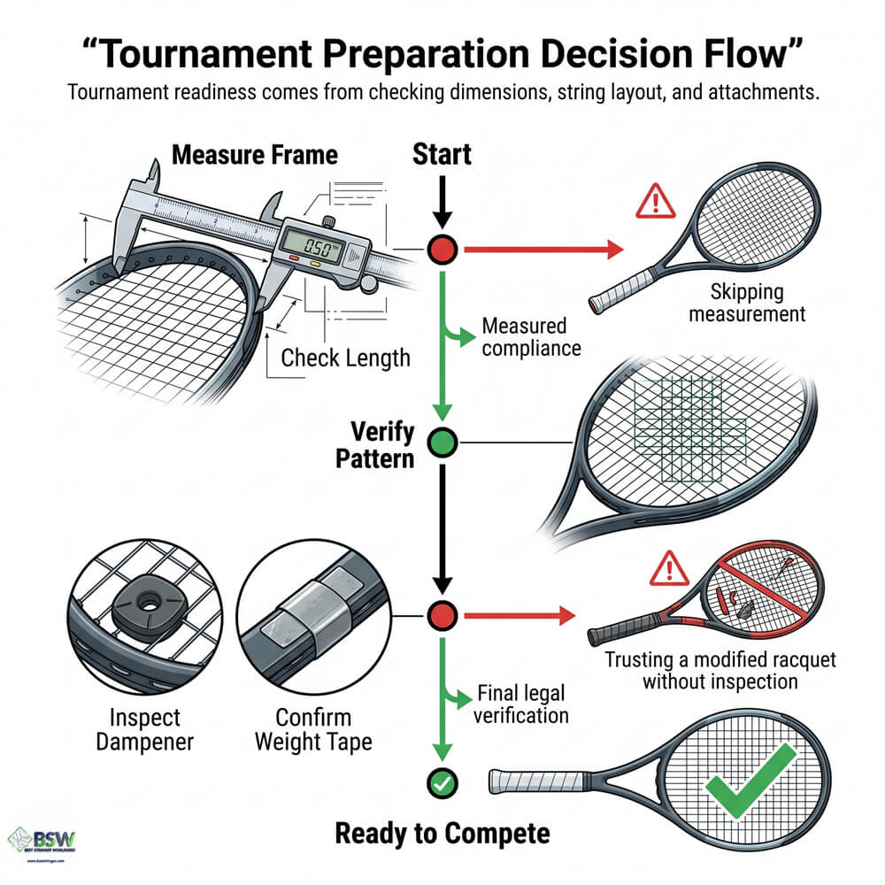 Tennis player reviewing ITF racquet specifications before a tournament