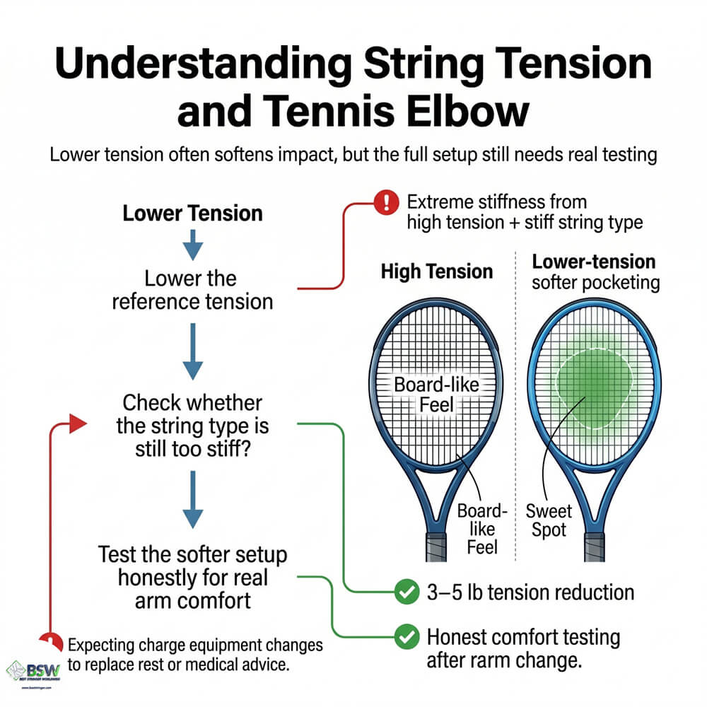 Tennis player selecting a softer string setup for improved arm comfort and shock absorption