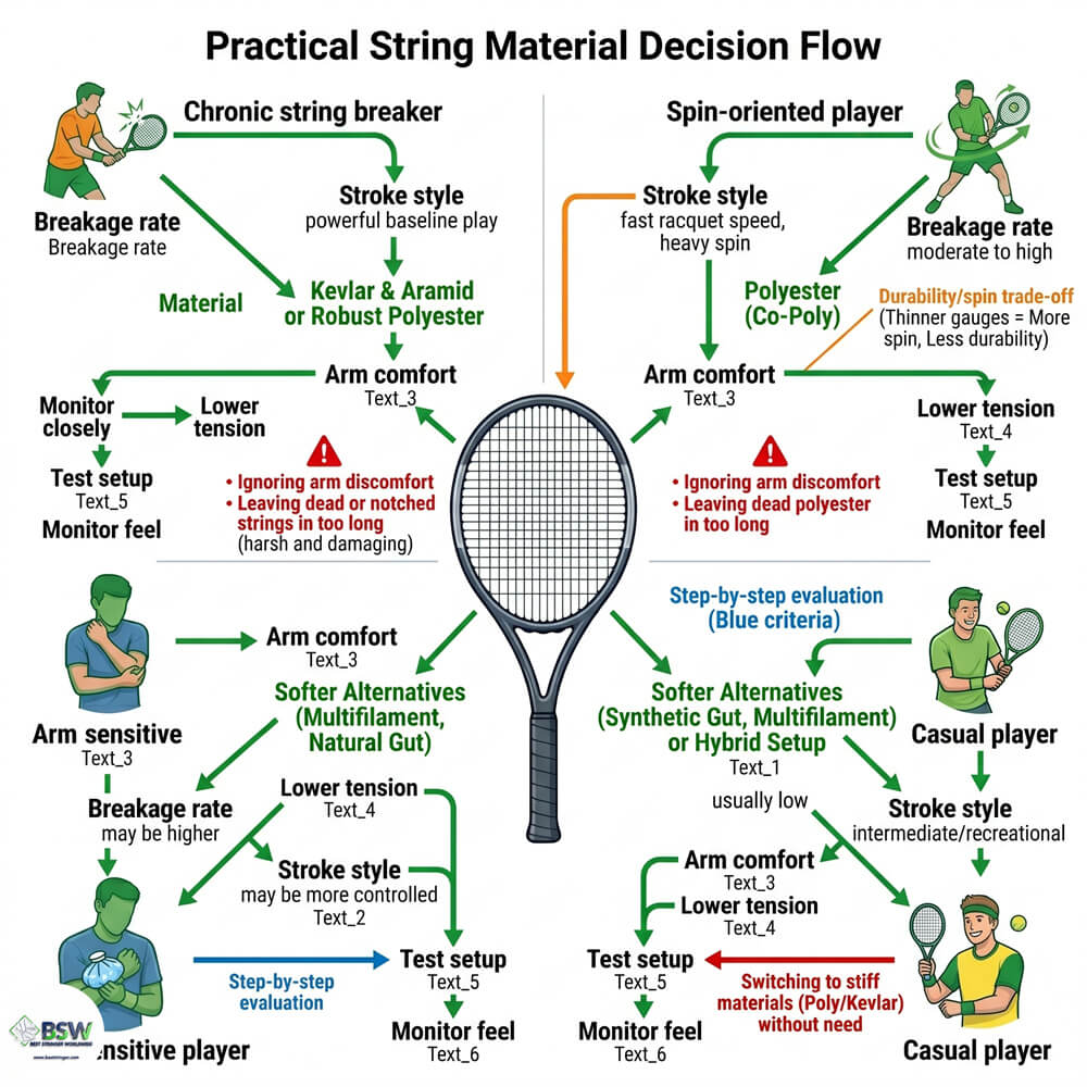 Tennis player selecting between Kevlar, Polyester, and hybrid setups based on stringing framework