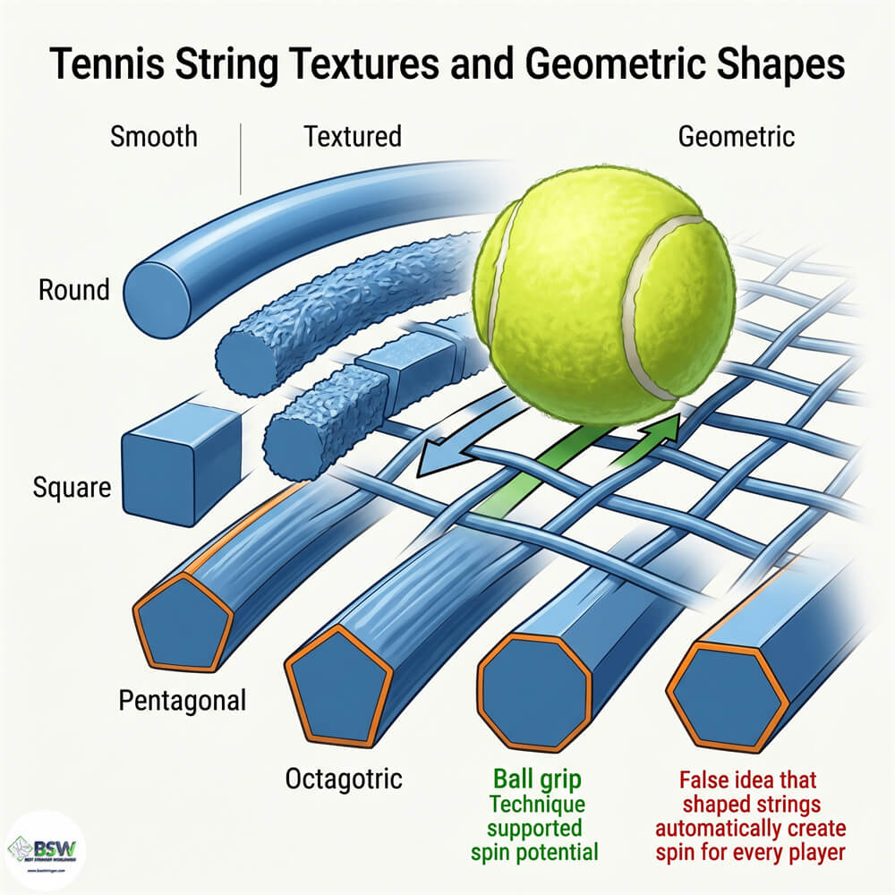 Tennis player selecting shaped tennis strings and textured strings for improved spin potential