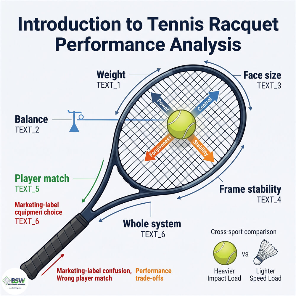 Tennis racquet performance analysis showing a close-up of a modern tennis frame