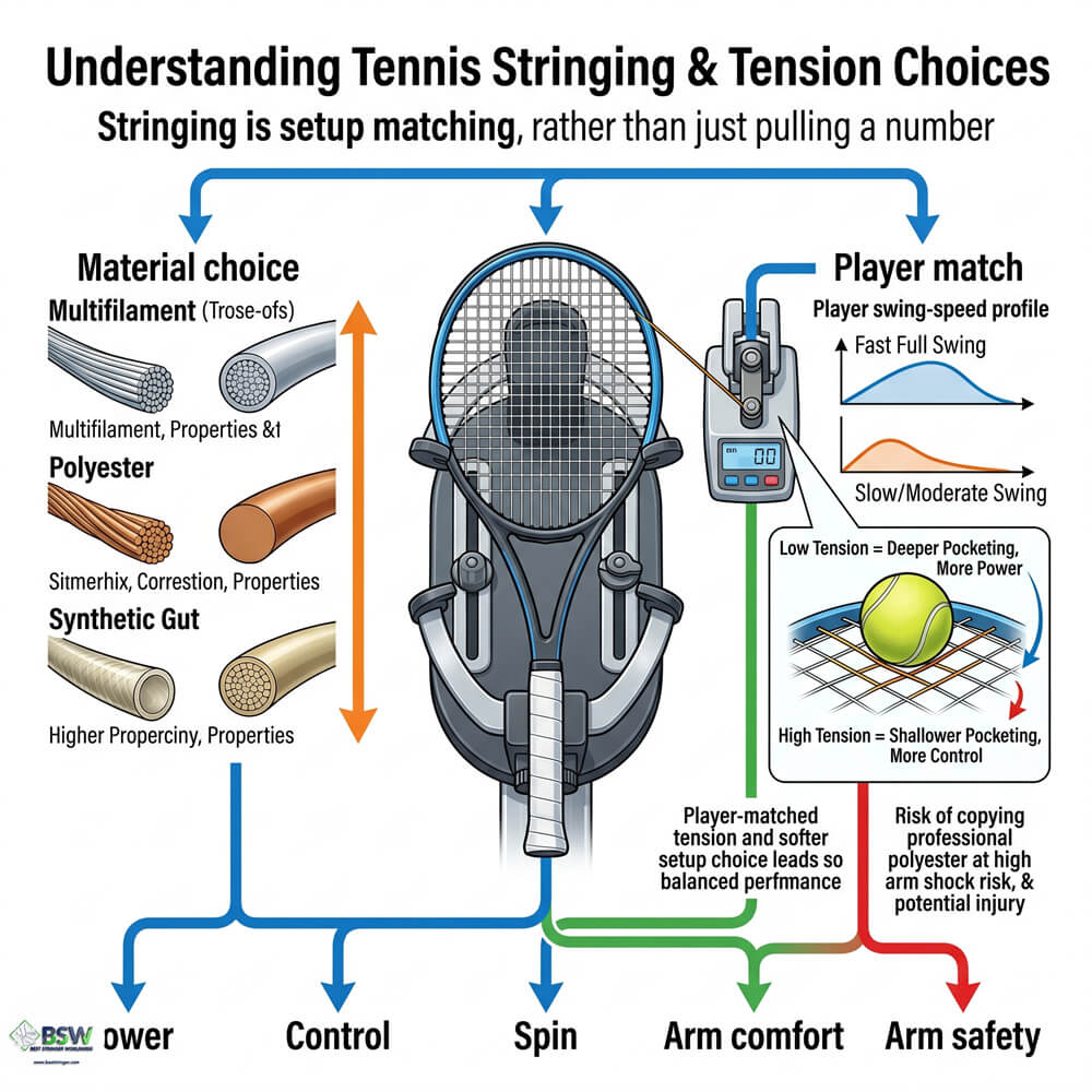 Tennis racquet stringing guide for tension and restringing