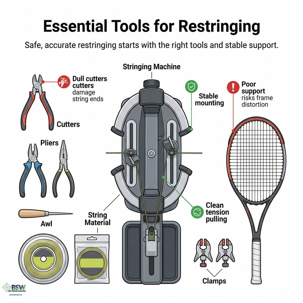 Tennis racquet stringing tools and setup