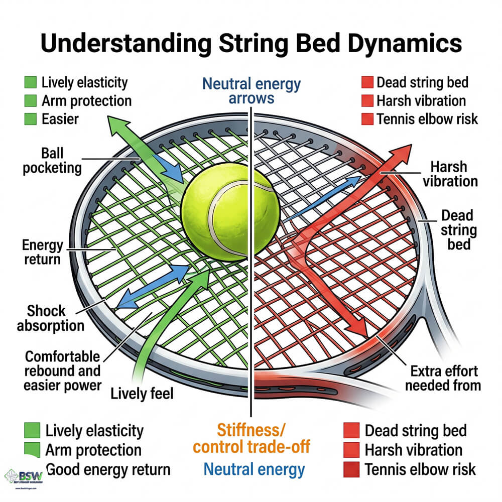 Tennis string bed dynamics and energy return