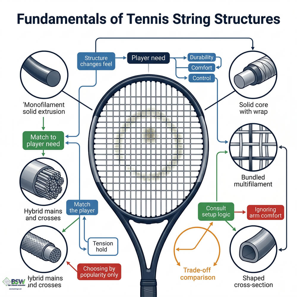 Tennis string structures and textures guide showing a close-up of a freshly strung racquet